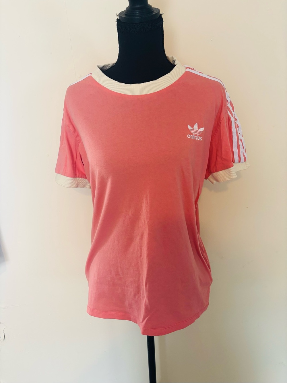 adidas Pink Trefoil Stripe Ringer Tee with White Trim